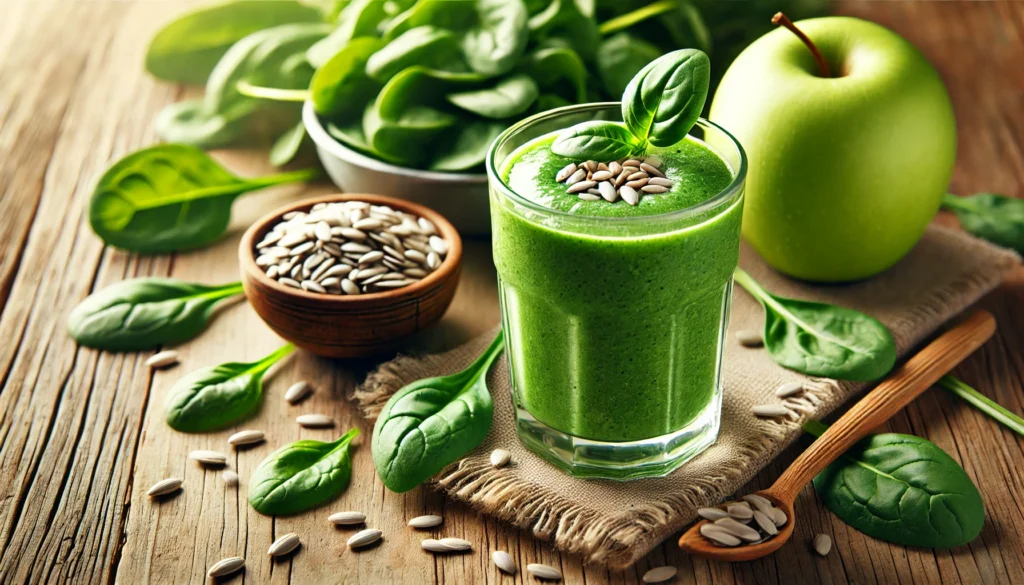 A refreshing green smoothie in a glass, featuring spinach, sunflower seeds, and coconut water. The smoothie has a smooth, vibrant green texture and is placed on a rustic wooden surface with fresh spinach leaves, a sliced green apple, and a small bowl of sunflower seeds nearby. The background has a fresh, natural ambiance, emphasizing its magnesium-boosting benefits.