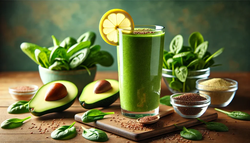 A tall glass of Green Muscle Fuel Smoothie with a vibrant green hue, topped with a thin lemon slice and a sprinkle of flaxseeds. Around the smoothie are fresh spinach leaves, half an avocado, a scoop of unflavored whey protein, and a small bowl of flaxseeds on a wooden table, creating a fresh and energizing setting for muscle recovery.