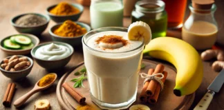 A creamy beige smoothie in a clear glass, garnished with banana slices and a sprinkle of cinnamon. The smoothie sits on a wooden countertop, surrounded by Greek yogurt, brewed green tea, and turmeric, creating a wholesome and anti-inflammatory visual.