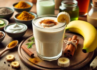 A creamy beige smoothie in a clear glass, garnished with banana slices and a sprinkle of cinnamon. The smoothie sits on a wooden countertop, surrounded by Greek yogurt, brewed green tea, and turmeric, creating a wholesome and anti-inflammatory visual.