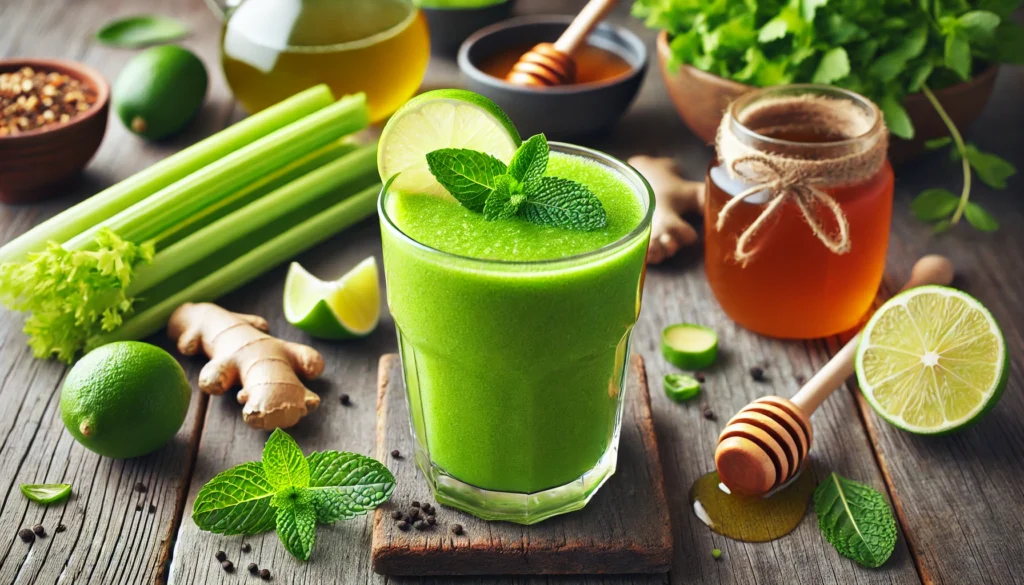 A vibrant green refreshing smoothie in a clear glass, garnished with fresh mint leaves and a lime wedge. The smoothie rests on a rustic wooden surface, surrounded by brewed green tea, celery, ginger, and honey, evoking a fresh and gut-healing atmosphere.