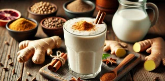 A gut-healing caraway and ginger smoothie in a clear glass, featuring a creamy, light beige texture with a frothy top. Garnished with a sprinkle of cinnamon and a small slice of ginger. The background includes a small dish of caraway seeds, fresh ginger root, and a jar of coconut milk on a rustic wooden surface, highlighting gut-soothing ingredients and digestive health benefits.