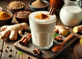 A gut-healing caraway and ginger smoothie in a clear glass, featuring a creamy, light beige texture with a frothy top. Garnished with a sprinkle of cinnamon and a small slice of ginger. The background includes a small dish of caraway seeds, fresh ginger root, and a jar of coconut milk on a rustic wooden surface, highlighting gut-soothing ingredients and digestive health benefits.