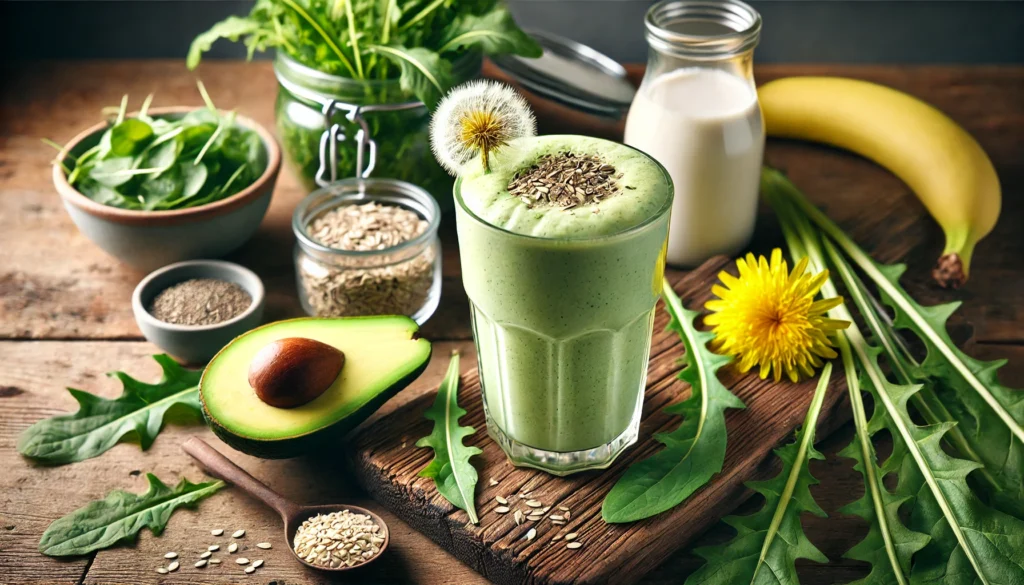 A gut-healing dandelion and avocado smoothie in a tall glass, featuring a creamy, light green color with a velvety texture. Garnished with a thin avocado slice and a sprinkle of hemp seeds. The background showcases a small bunch of dandelion greens, a halved avocado, a banana, and a jar of oat milk on a rustic wooden surface, emphasizing digestive-supporting ingredients and gut-healing benefits.