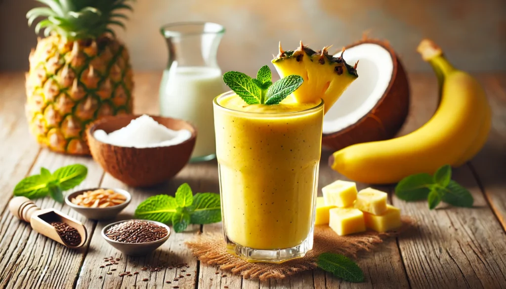 A vibrant yellow tropical smoothie in a tall clear glass, garnished with pineapple chunks and fresh mint leaves. The smoothie is placed on a rustic wooden table, surrounded by ingredients like coconut milk, banana, and flaxseeds, creating a refreshing and digestion-boosting visual.