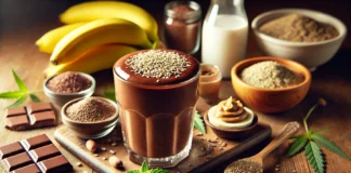 A rich and creamy hemp-chocolate smoothie in a glass, garnished with hemp seeds, surrounded by cacao powder, banana, almond butter, hemp seeds, and almond milk on a wooden countertop.