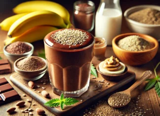 A rich and creamy hemp-chocolate smoothie in a glass, garnished with hemp seeds, surrounded by cacao powder, banana, almond butter, hemp seeds, and almond milk on a wooden countertop.