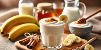 A creamy beige stomach-soothing smoothie in a clear glass, garnished with banana slices and a drizzle of raw honey. The smoothie sits on a wooden countertop, surrounded by Greek yogurt, raw honey, and almond milk, creating a comforting and digestion-friendly visual.