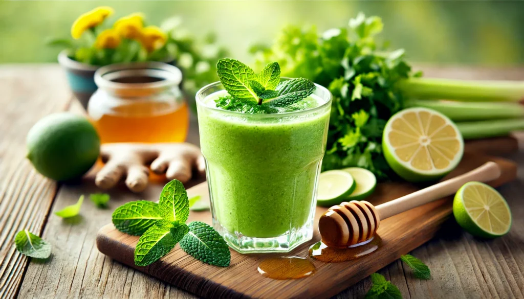A refreshing green honey and mint digestive reset smoothie in a clear glass, garnished with fresh mint leaves and a drizzle of raw honey. The smoothie rests on a wooden surface, surrounded by chamomile tea, celery, ginger, and lime, evoking a fresh and stomach-soothing atmosphere.