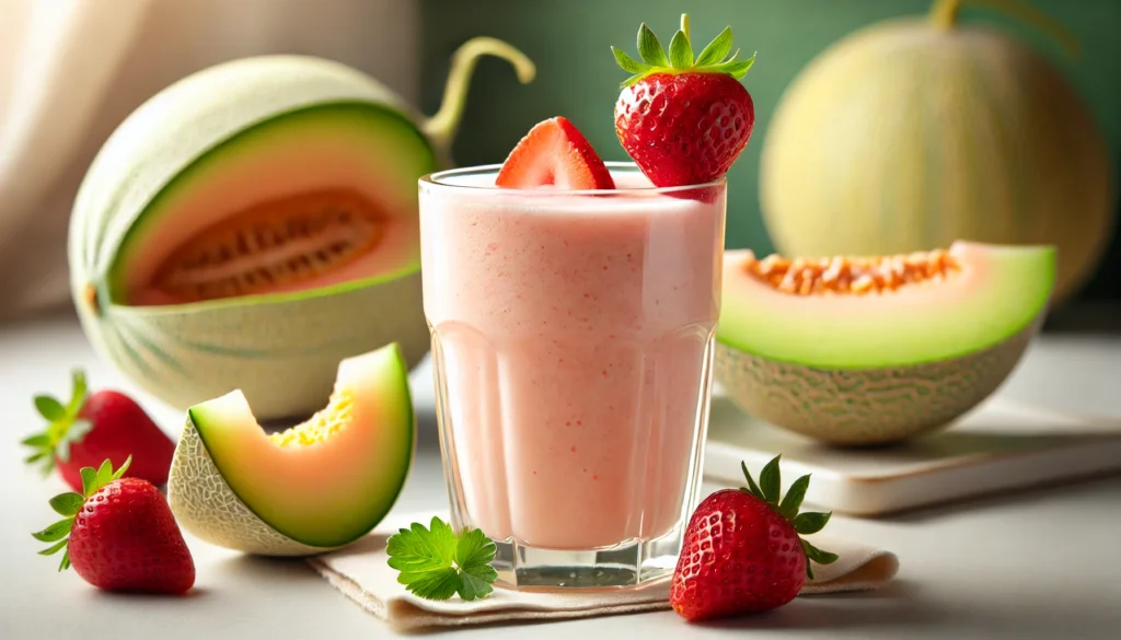 A vibrant smoothie in a clear glass, featuring honeydew melon and strawberries. The smoothie has a soft pink-green hue and is garnished with a fresh strawberry slice. The background is a bright and fresh kitchen setting with whole and sliced honeydew melons and strawberries arranged naturally.