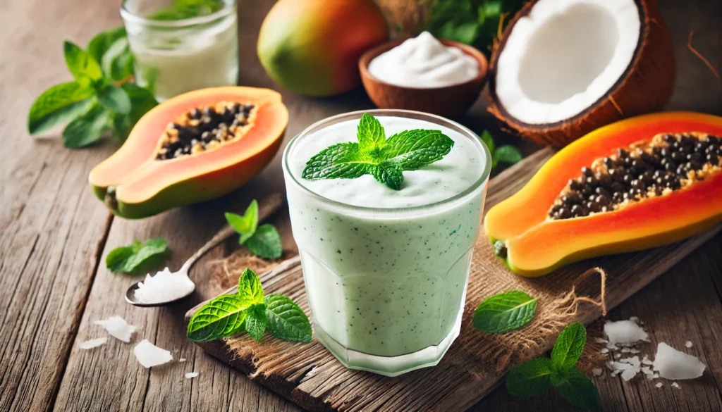A creamy light green digestion-boosting smoothie in a clear glass, garnished with fresh mint leaves and a drizzle of coconut water. The smoothie rests on a rustic wooden surface, surrounded by papaya, Greek yogurt, and banana, evoking a fresh and gut-soothing atmosphere.