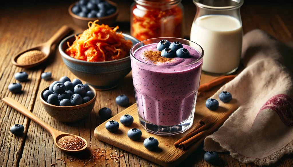 A deep purple blueberry and kimchi smoothie in a clear glass with a creamy, thick texture, garnished with fresh blueberries and a sprinkle of cinnamon. The setting includes a rustic wooden table with a small bowl of fresh blueberries, a dish of kimchi, a wooden spoon with ground flaxseeds, and a glass of oat milk, highlighting the smoothie’s antioxidant and probiotic benefits.