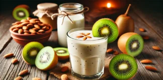 A creamy kiwi almond smoothie in a clear glass, garnished with a slice of fresh kiwi and a sprinkle of almonds. The smoothie is placed on a rustic wooden table with whole kiwis, a jar of almond butter, and a glass of almond milk, creating a warm and cozy nighttime ambiance.