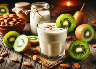 A creamy kiwi almond smoothie in a clear glass, garnished with a slice of fresh kiwi and a sprinkle of almonds. The smoothie is placed on a rustic wooden table with whole kiwis, a jar of almond butter, and a glass of almond milk, creating a warm and cozy nighttime ambiance.