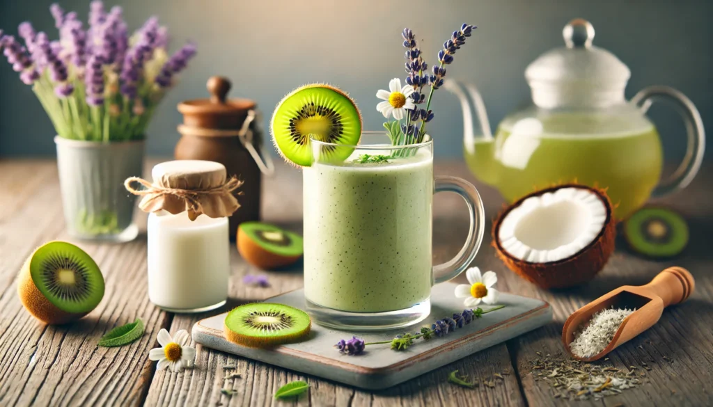 A refreshing kiwi chamomile smoothie in a clear glass, with a light green hue, delicately garnished with chamomile flowers and a kiwi slice. The smoothie sits on a wooden surface alongside a teapot of chamomile tea, a coconut milk jar, and dried lavender sprigs, evoking a soft, calming nighttime atmosphere.