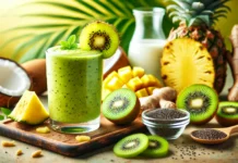 A vibrant green kiwi and pineapple smoothie in a clear glass, surrounded by fresh kiwi slices, pineapple chunks, grated ginger, chia seeds, and coconut water on a bright kitchen counter. A refreshing drink designed to aid digestion and support gut health.