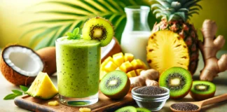 A vibrant green kiwi and pineapple smoothie in a clear glass, surrounded by fresh kiwi slices, pineapple chunks, grated ginger, chia seeds, and coconut water on a bright kitchen counter. A refreshing drink designed to aid digestion and support gut health.