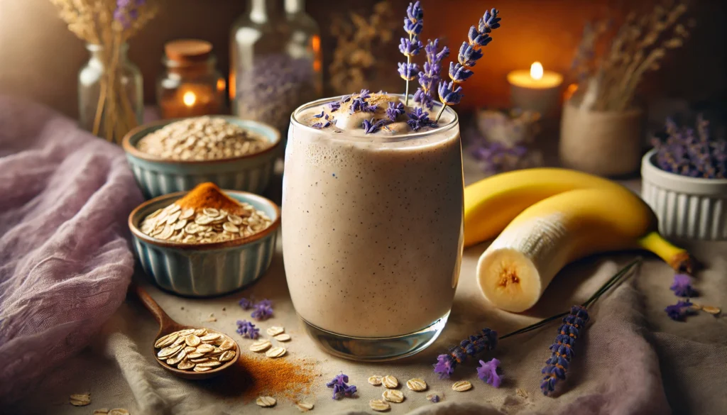 A creamy lavender banana oatmeal smoothie in a glass with a soft, golden hue, surrounded by dried lavender flowers, a sliced banana, a bowl of cooked oats, and a sprinkle of cinnamon. The cozy, sleep-friendly ambiance with warm lighting enhances relaxation before sleep.