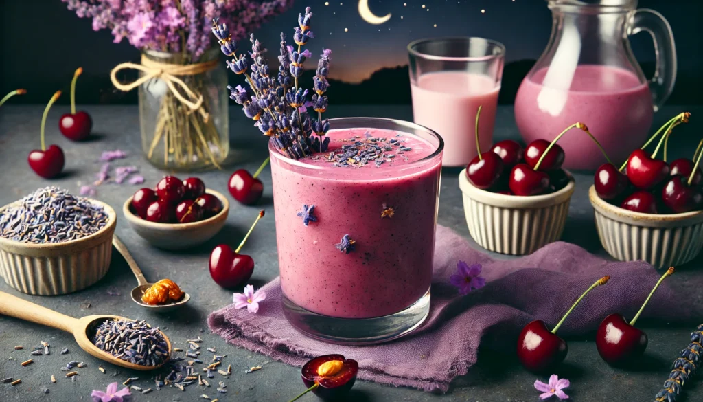 A soothing lavender cherry sleep-inducing smoothie in a glass with a rich, deep pink hue, surrounded by dried lavender flowers, fresh cherries, a cup of cashew milk, and a drizzle of maple syrup. The peaceful, nighttime ambiance with soft, warm lighting enhances relaxation and sleep quality.