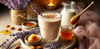 A creamy lavender honey almond smoothie in a glass with a soft, pastel beige hue, surrounded by dried lavender flowers, a small dish of almond butter, a drizzle of honey, and a cup of almond milk. The warm, calming ambiance with soft lighting enhances relaxation before bedtime.