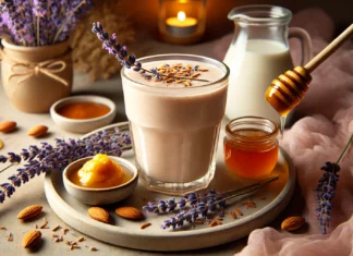 A creamy lavender honey almond smoothie in a glass with a soft, pastel beige hue, surrounded by dried lavender flowers, a small dish of almond butter, a drizzle of honey, and a cup of almond milk. The warm, calming ambiance with soft lighting enhances relaxation before bedtime.