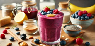 A vibrant purple-red antioxidant smoothie in a clear glass, garnished with fresh berries and a drizzle of almond butter. The smoothie sits on a wooden countertop, surrounded by lemon, oat milk, and chia seeds, creating a refreshing and gut-healing atmosphere.