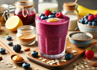 A vibrant purple-red antioxidant smoothie in a clear glass, garnished with fresh berries and a drizzle of almond butter. The smoothie sits on a wooden countertop, surrounded by lemon, oat milk, and chia seeds, creating a refreshing and gut-healing atmosphere.
