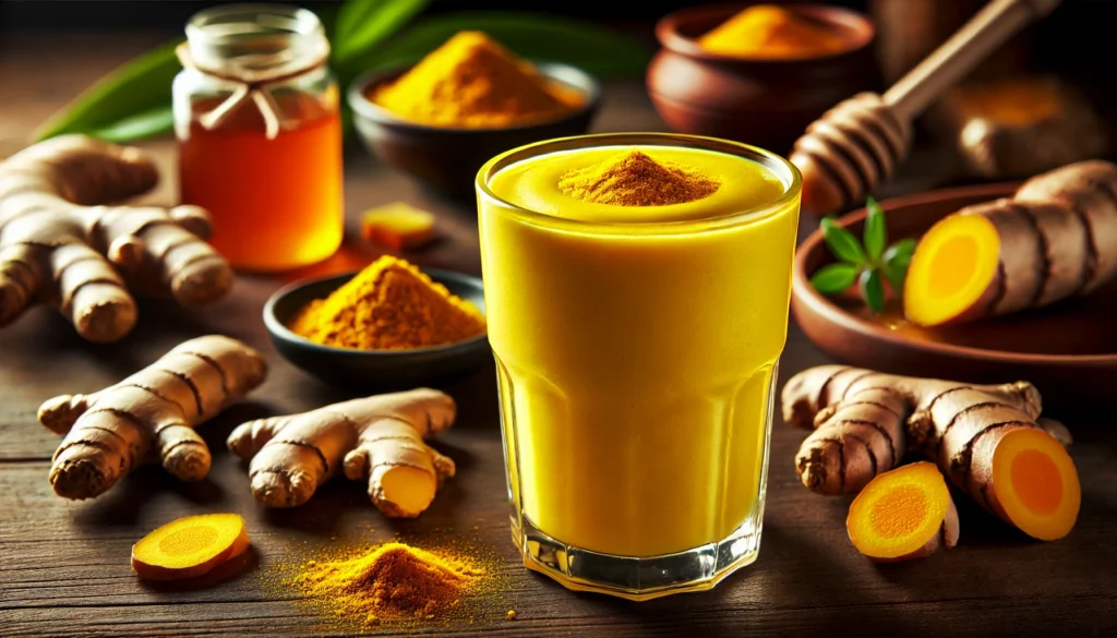 A rich yellow-orange turmeric smoothie in a clear glass with a creamy, frothy texture, garnished with a sprinkle of turmeric powder and a small banana slice. The setting includes a wooden table with fresh turmeric root, a small dish of turmeric powder, a piece of ginger, and a honey jar, highlighting its gut-healing and anti-inflammatory benefits.