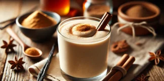 A creamy vanilla spice smoothie in a clear glass with a warm beige color, garnished with a sprinkle of cinnamon and a cinnamon stick. The rustic setting includes a wooden table with a small bowl of cinnamon powder, vanilla beans, and a jar of honey, enhancing the cozy and digestive-supporting essence of the smoothie.