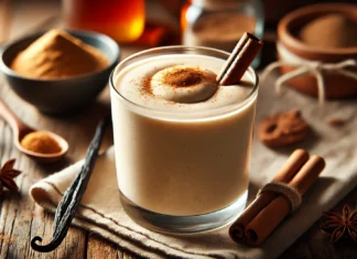 A creamy vanilla spice smoothie in a clear glass with a warm beige color, garnished with a sprinkle of cinnamon and a cinnamon stick. The rustic setting includes a wooden table with a small bowl of cinnamon powder, vanilla beans, and a jar of honey, enhancing the cozy and digestive-supporting essence of the smoothie.
