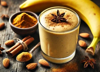 A creamy banana smoothie in a glass, blended with maca powder and almond butter, creating a rich, golden hue. The smoothie is garnished with a sprinkle of cinnamon and almond slices, set on a rustic wooden surface with a banana, almonds, and a small dish of maca powder subtly visible in the background.