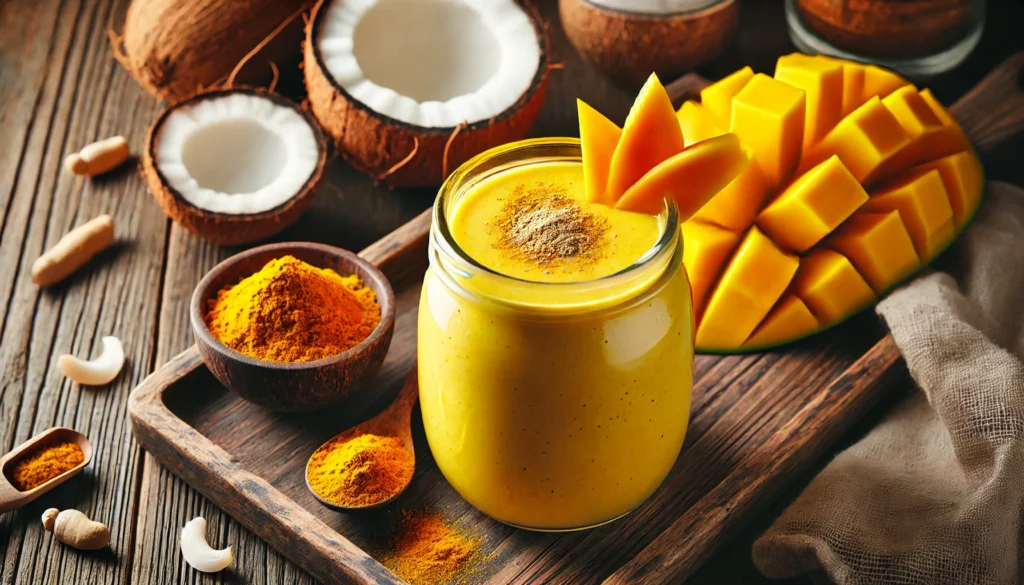 A tropical smoothie in a glass, blended with maca powder, mango, coconut water, and turmeric, creating a vibrant golden-yellow hue. The smoothie is garnished with a slice of mango and a sprinkle of turmeric powder, set on a wooden surface with coconut pieces and a small dish of maca powder subtly visible in the background.