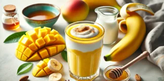 A creamy yellow mango and banana smoothie in a clear glass, surrounded by fresh mango slices, banana, Greek yogurt, honey, and cinnamon on a bright kitchen counter. A gut-enzyme balancing drink designed to enhance digestion and improve gut function.