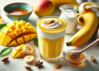 A creamy yellow mango and banana smoothie in a clear glass, surrounded by fresh mango slices, banana, Greek yogurt, honey, and cinnamon on a bright kitchen counter. A gut-enzyme balancing drink designed to enhance digestion and improve gut function.