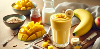 A creamy golden-yellow mango-banana glycogen booster smoothie in a glass, garnished with a banana slice, surrounded by fresh mango chunks, banana, almond milk, honey, and vanilla extract on a wooden countertop.