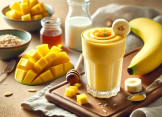 A creamy golden-yellow mango-banana glycogen booster smoothie in a glass, garnished with a banana slice, surrounded by fresh mango chunks, banana, almond milk, honey, and vanilla extract on a wooden countertop.