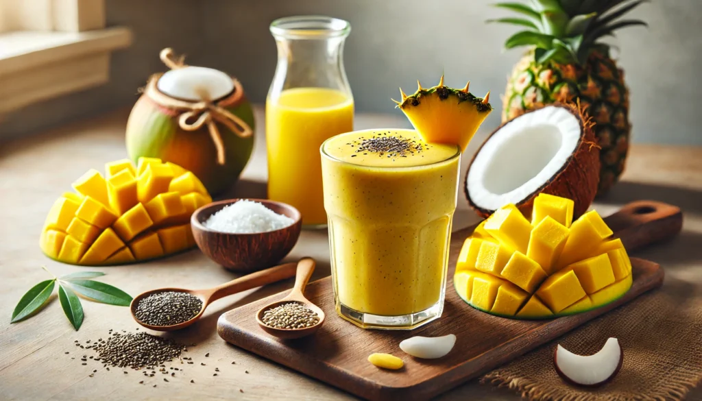 A tropical mango-coconut recovery smoothie in a glass, garnished with a pineapple slice, surrounded by fresh mango chunks, coconut water, pineapple pieces, hemp seeds, and honey on a wooden countertop.