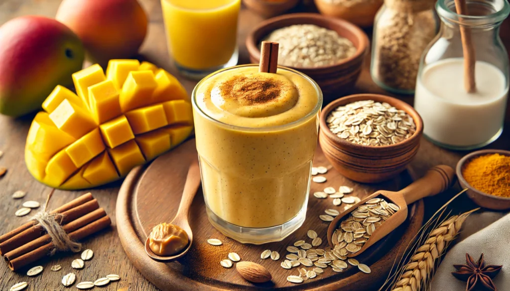 A thick golden-orange mango-oatmeal energy smoothie in a glass, garnished with cinnamon, surrounded by mango chunks, pre-soaked rolled oats, almond butter, oat milk, flaxseeds, and cinnamon on a wooden countertop.