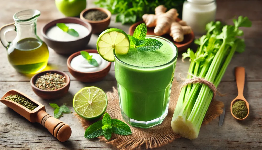A vibrant green cleansing probiotic smoothie in a clear glass, garnished with fresh mint leaves and a lime wedge. The smoothie rests on a rustic wooden surface, surrounded by white miso paste, celery, green tea, and ginger, evoking a fresh and gut-replenishing atmosphere.