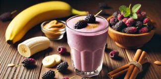 A creamy mulberry-banana sleep support smoothie in a tall glass, with a smooth, purple texture. The smoothie is garnished with a few fresh mulberries. Surrounding the glass are a ripe banana, a small bowl of almond butter, fresh mulberries, and cinnamon sticks, all placed on a wooden countertop with soft, warm lighting.