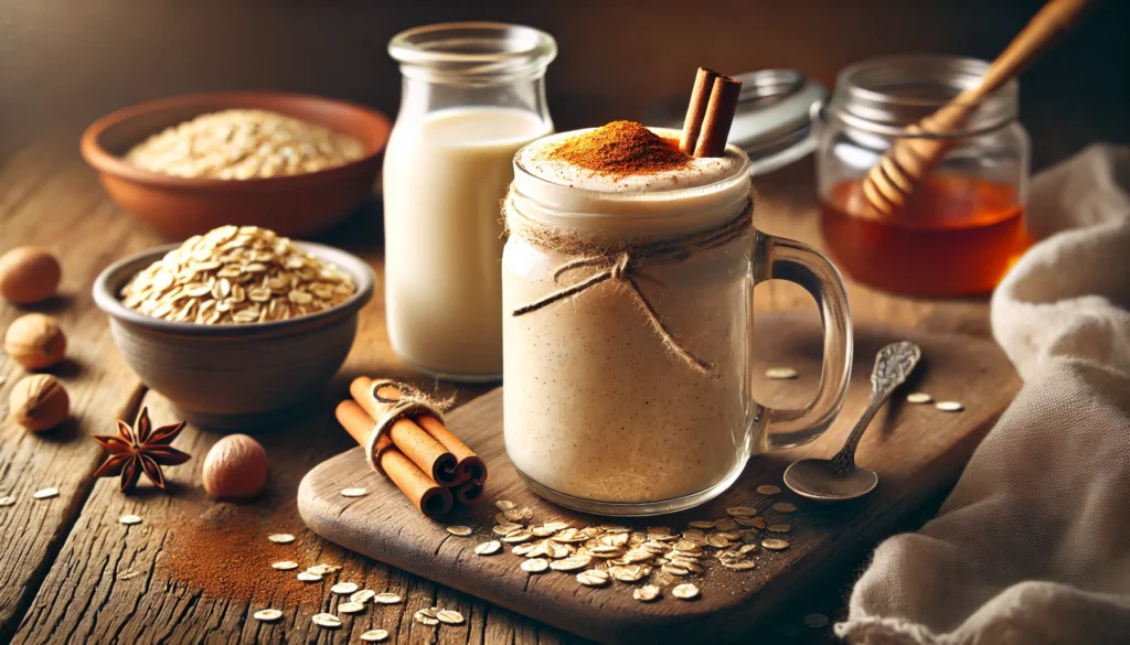 A warm nutmeg and oat smoothie in a clear glass mug, with a creamy texture and a light dusting of cinnamon on top. The smoothie is placed on a rustic wooden surface with a small bowl of cooked oats, a glass of warm oat milk, and a jar of honey, evoking a soft, cozy nighttime atmosphere.