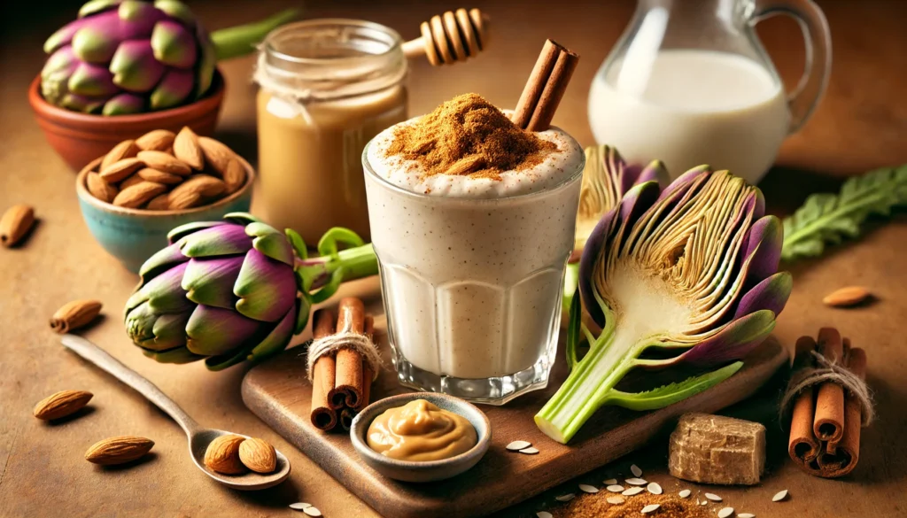 A creamy Jerusalem artichoke and cinnamon smoothie in a clear glass, surrounded by fresh chopped Jerusalem artichoke, almond butter, oat milk, honey, and cinnamon sticks on a warm-toned kitchen counter. A spiced prebiotic drink designed to support digestion and gut health.