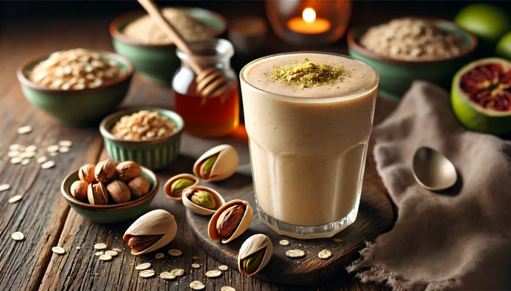 A creamy pistachio oat smoothie in a glass with a rich, nutty beige hue, surrounded by a small dish of shelled pistachios, a bowl of cooked oats, a sprinkle of nutmeg, and a drizzle of honey. The cozy, nighttime setting with soft, warm lighting enhances relaxation and comfort.