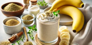 A creamy banana-based smoothie infused with oregano, surrounded by fresh banana slices, a dish of dried oregano, Greek yogurt, and cinnamon on a bright kitchen counter. A gut-healing drink designed to fight infections and support digestion.