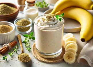 A creamy banana-based smoothie infused with oregano, surrounded by fresh banana slices, a dish of dried oregano, Greek yogurt, and cinnamon on a bright kitchen counter. A gut-healing drink designed to fight infections and support digestion.