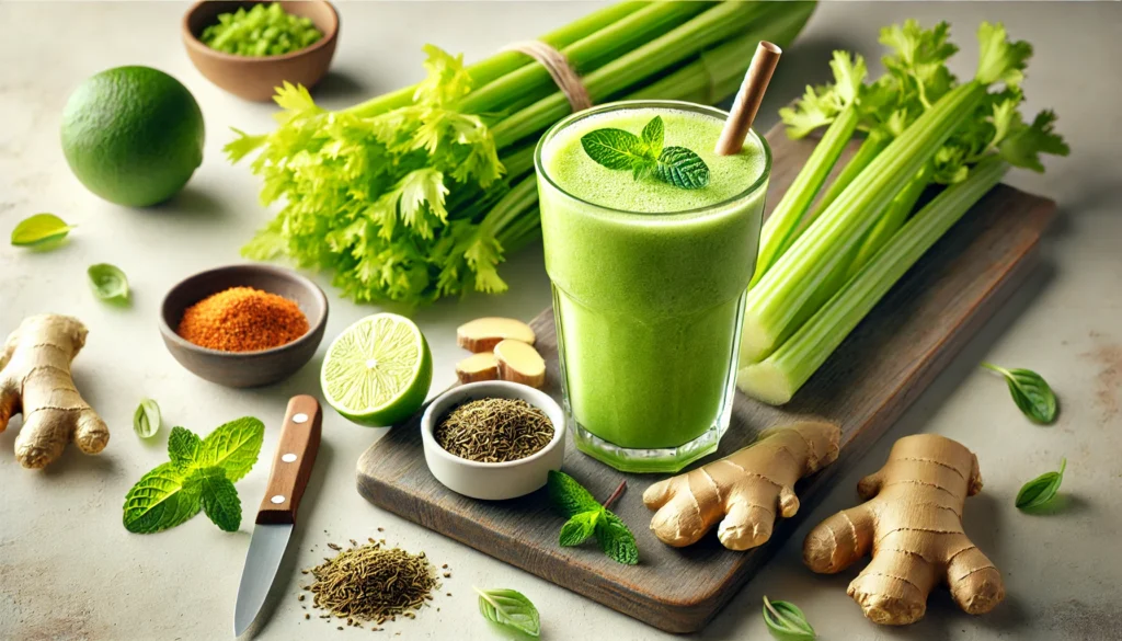 A green tea-infused smoothie with oregano in a clear glass, surrounded by fresh celery stalks, dried oregano, grated ginger, mint leaves, and a halved lime on a clean kitchen counter. A gut-soothing drink designed to combat infections and support digestion.