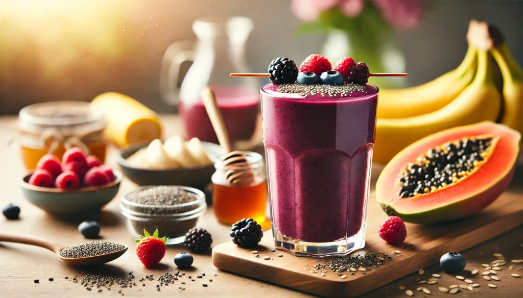 A deep purple antioxidant-rich smoothie in a tall clear glass, topped with fresh berries and a sprinkle of papaya seeds. The smoothie is placed on a wooden countertop, surrounded by banana, chia seeds, oat milk, and honey, highlighting its gut-nourishing and digestion-supporting ingredients.