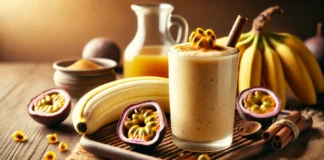 A creamy passionflower banana smoothie in a glass with a soft, golden hue, surrounded by a peeled banana, a small dish of dried passionflower, a sprinkle of cinnamon, and a drizzle of honey. The warm, serene ambiance with soft lighting enhances relaxation before bedtime.