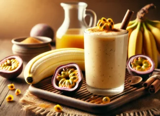 A creamy passionflower banana smoothie in a glass with a soft, golden hue, surrounded by a peeled banana, a small dish of dried passionflower, a sprinkle of cinnamon, and a drizzle of honey. The warm, serene ambiance with soft lighting enhances relaxation before bedtime.