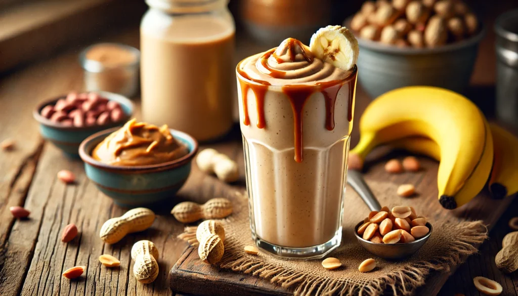 A rich, creamy Peanut Butter-Banana Muscle Fuel Smoothie in a tall glass with a peanut butter drizzle on top and a banana slice garnish. The smoothie is placed on a rustic wooden table, accompanied by a small bowl of peanut butter, whole peanuts, and a scoop of protein powder in a warm, cozy setting.